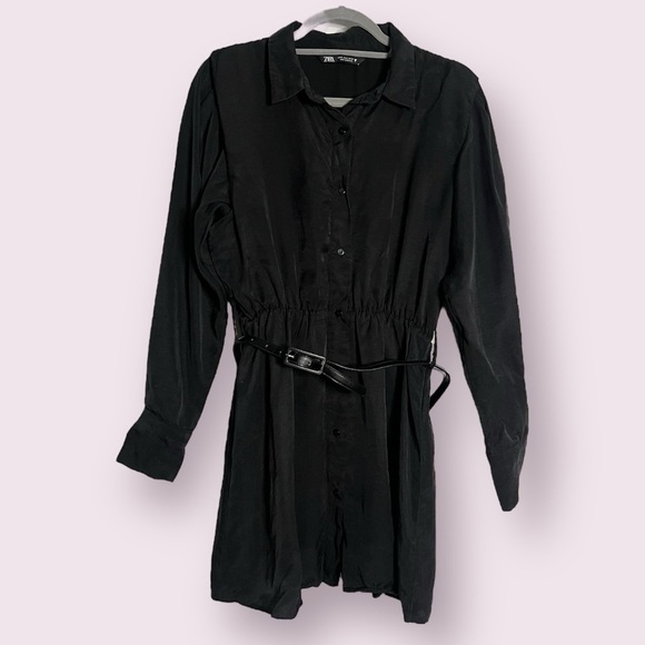 Zara Dresses & Skirts - Zara Black Long Sleeve Belted Button Up Dress Small